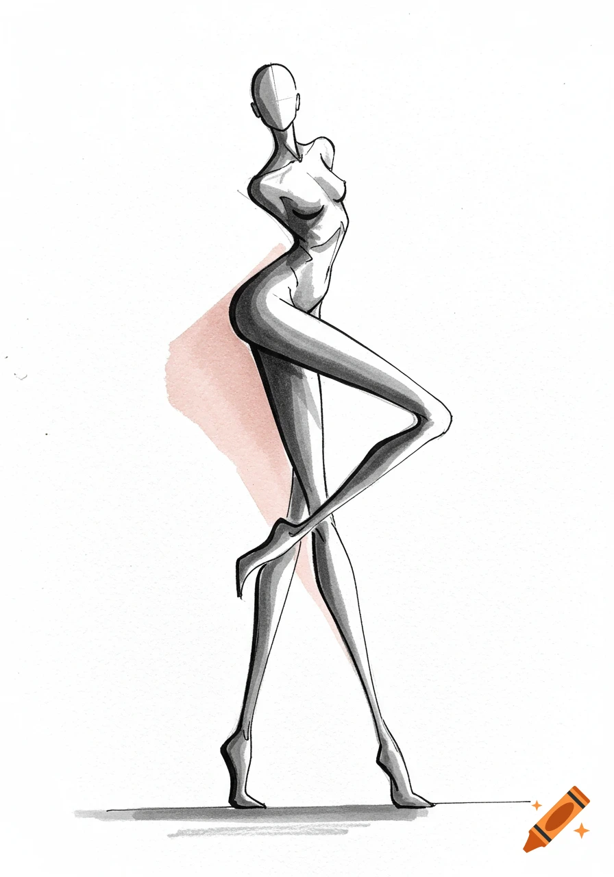 A stylized black and white fashion croquis illustration of a female figure in a dynamic pose with a pink accent.