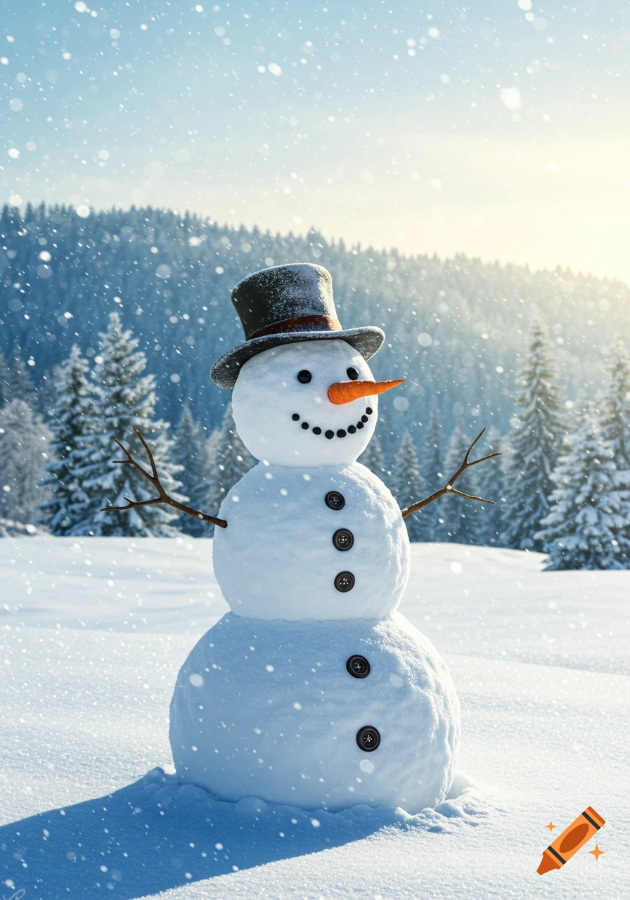 A friendly snowman with a carrot nose, button eyes and mouth, and a top hat stands in a snowy forest with falling snow and sunlight.