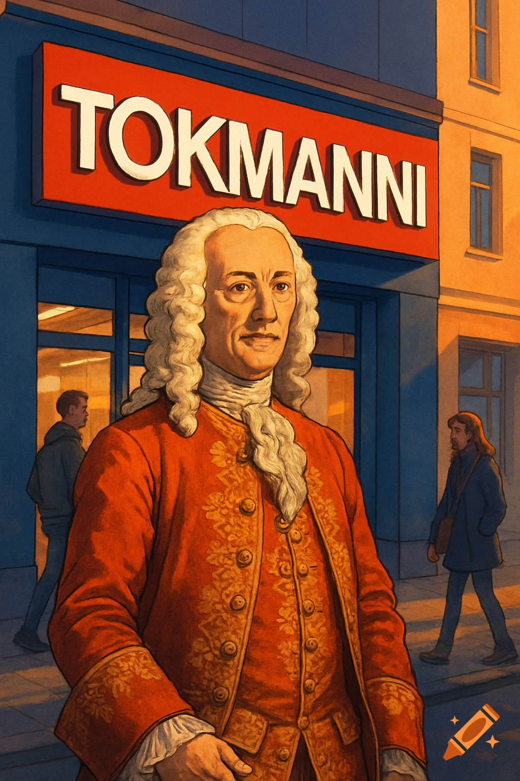 Illustration of Georg Philipp Telemann, a historical figure, standing in front of a Tokmanni store sign in an urban setting.