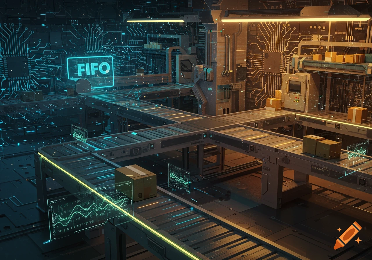 A futuristic automated warehouse with conveyor belts, packages, glowing circuit board patterns, and a prominent 'FIFO' sign.