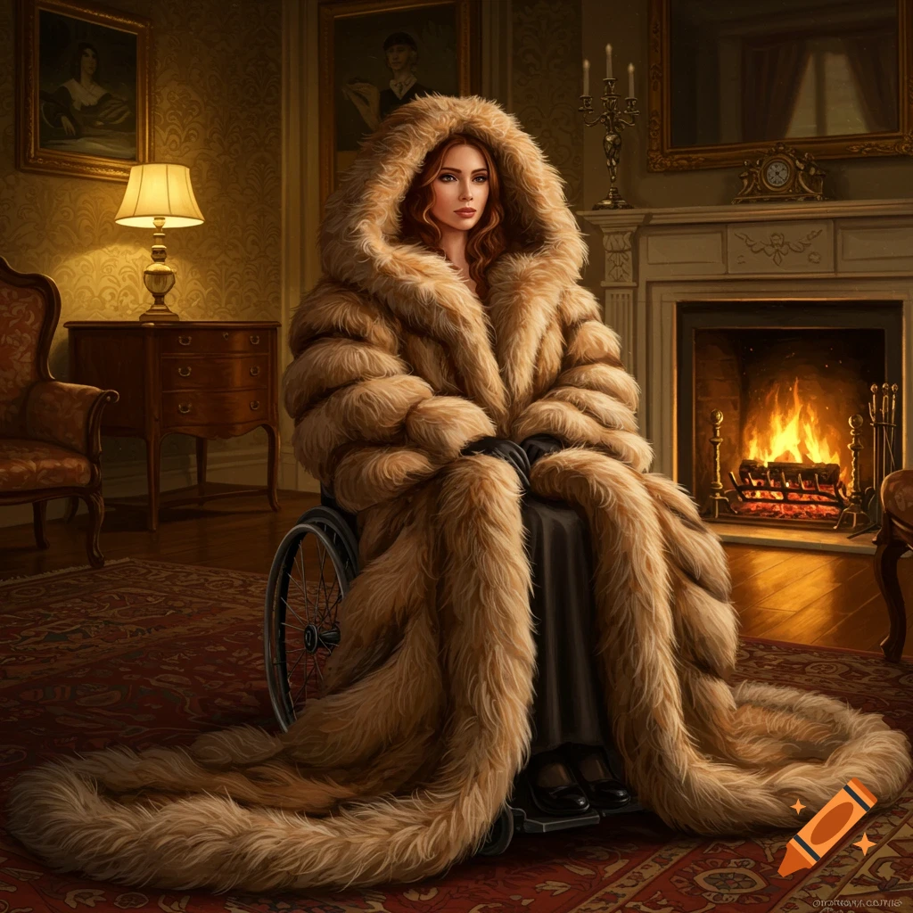 A woman in a wheelchair wears a large, thick fur coat with a wide hood, sitting in an elegant room by a fireplace.