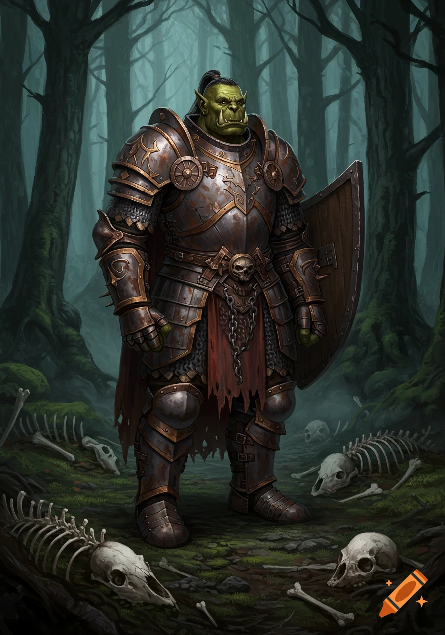 A large green-skinned orc warrior in dark, mismatched plate armor stands in a misty, dark forest with scattered animal skeletons.