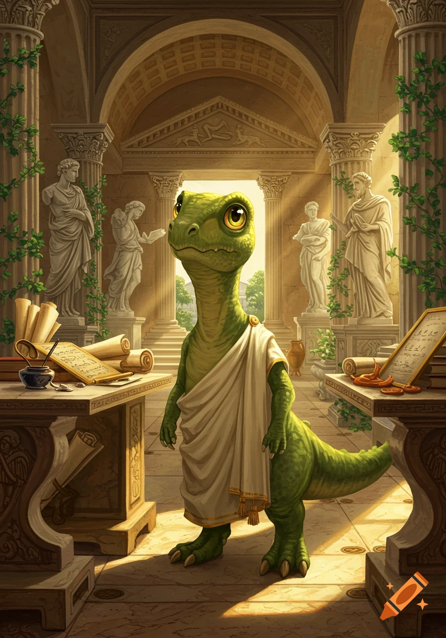 A cartoonish green dinosaur wearing a white toga stands in a grand Roman hall with columns, statues, and desks filled with scrolls.