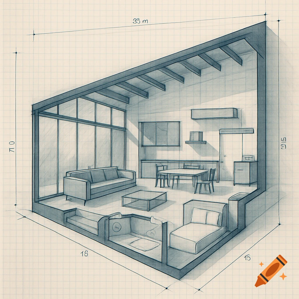 A blueprint-style sketch of a modern open-plan apartment interior with living, kitchen, and bedroom areas on grid paper.