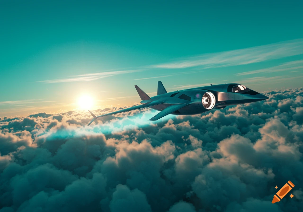 A sleek futuristic jet plane with glowing engines flies above fluffy clouds during a vibrant sunset or sunrise.