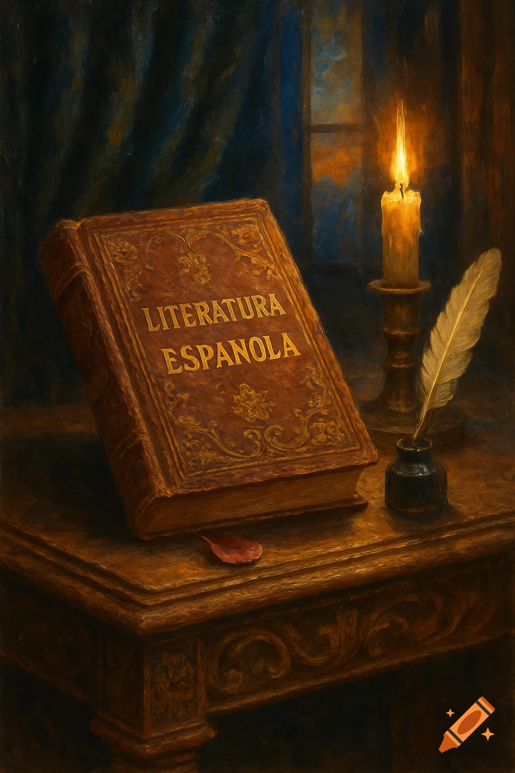 An old book titled 'LITERATURA ESPANOLA' on a wooden table with a lit candle, quill, and inkwell, in a dark oil painting style.