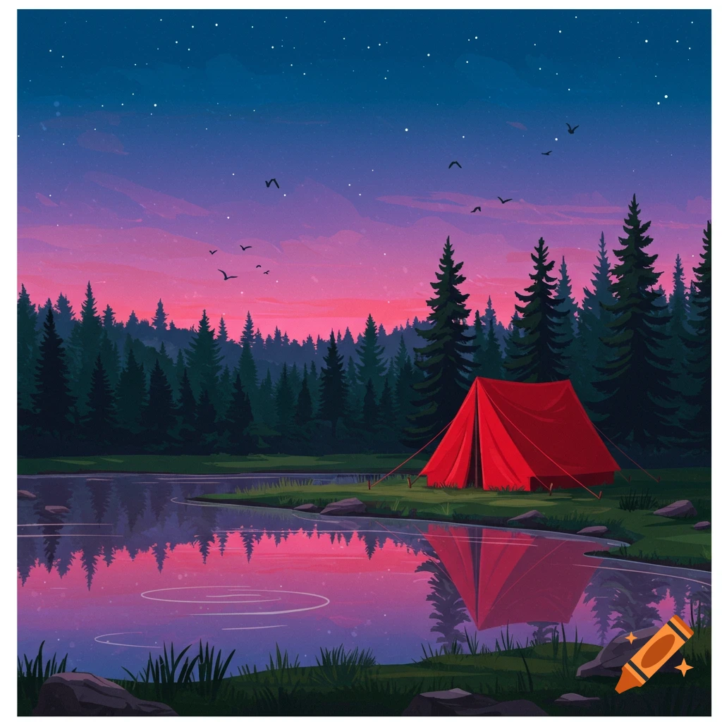 Stylized illustration of a red tent by a calm lake, surrounded by a dense green forest, under a starry twilight sky with vibrant pink and blue colors.