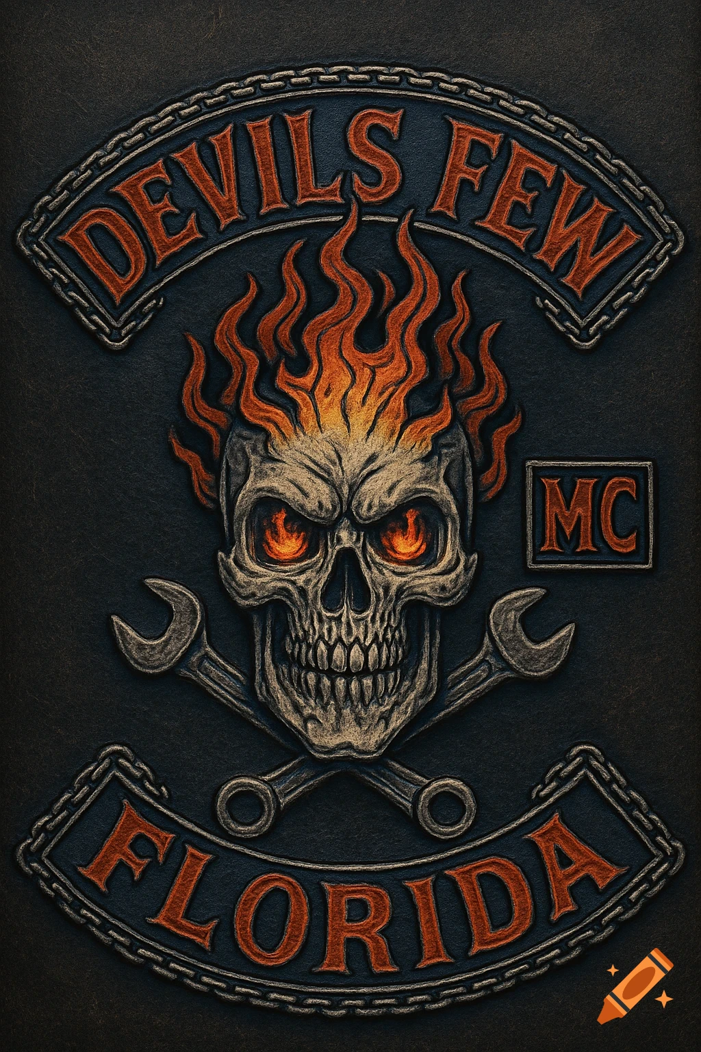 A biker patch with a flaming skull, crossed wrenches, and text 'DEVILS FEW MC FLORIDA' on a dark background.