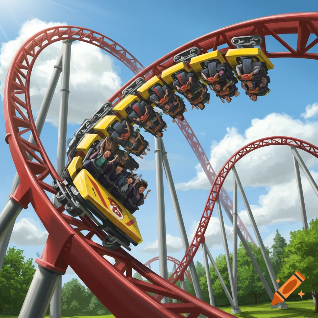 A yellow roller coaster full of people loops upside down on red tracks against a blue sky, surrounded by green trees.