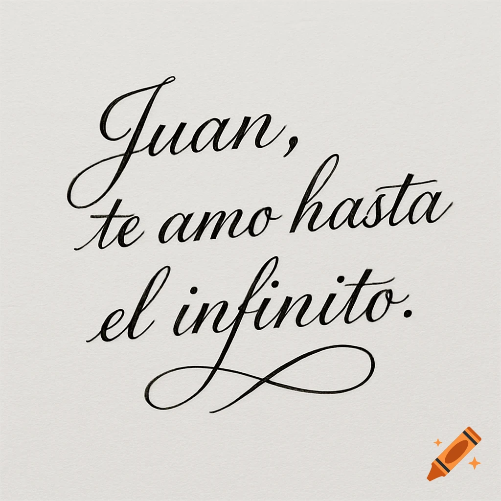 Black cursive text on a light background reads "Juan, te amo hasta el infinito."