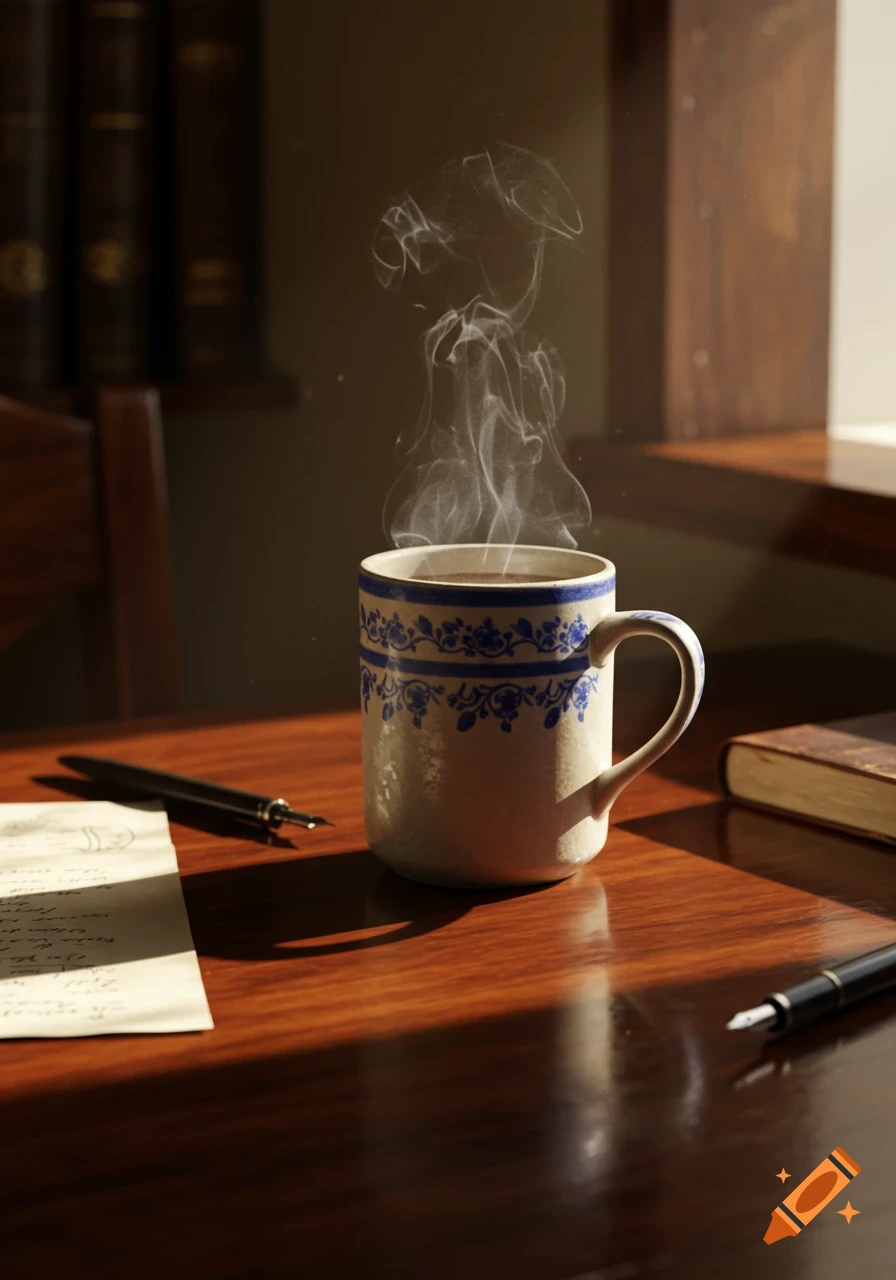 A steaming white and blue patterned mug sits on a polished wooden desk with a fountain pen, a handwritten letter, and a book. Photorealistic.