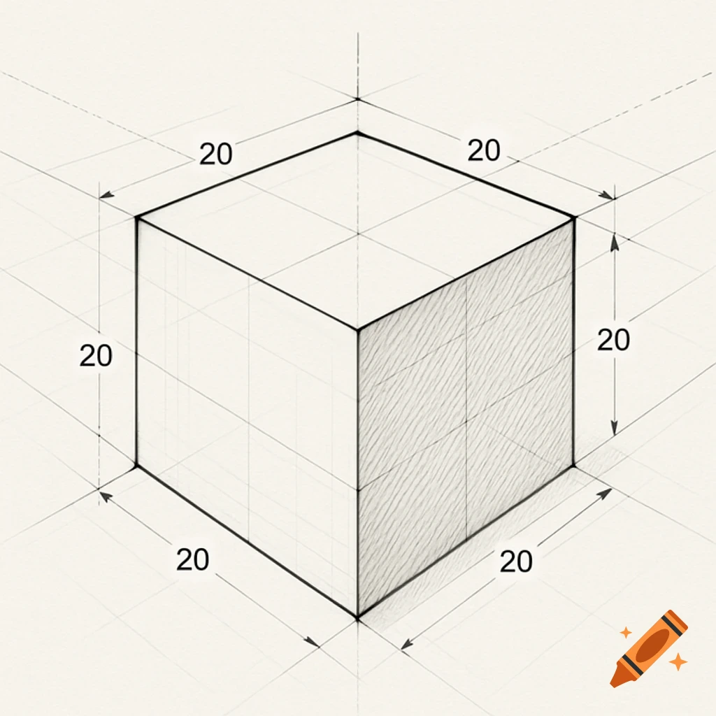 Isometric technical drawing of a cube with "20" unit measurements labeled on its edges, set against a grid background.