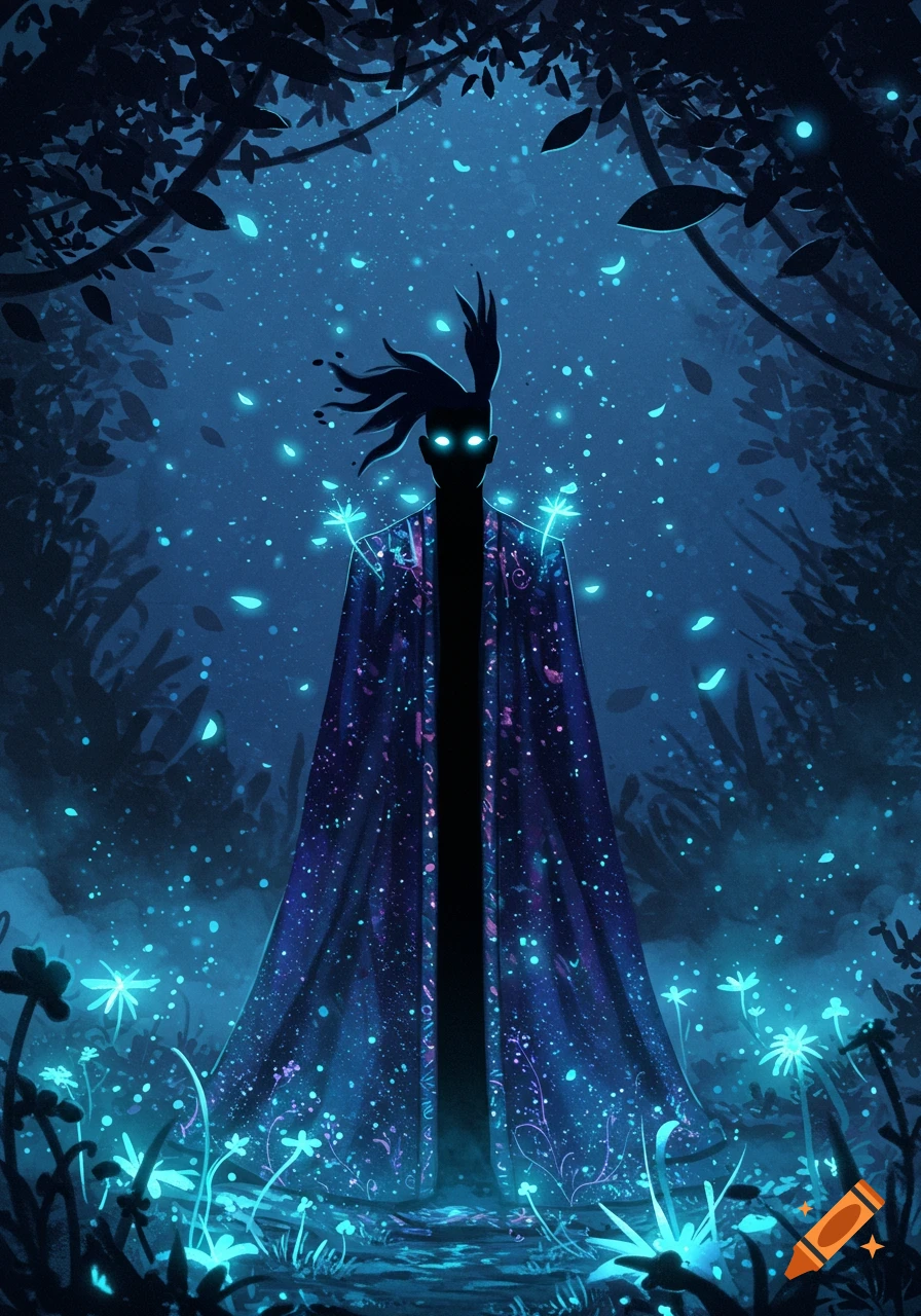 A dark, mysterious figure with glowing eyes and spiky hair stands in a ...