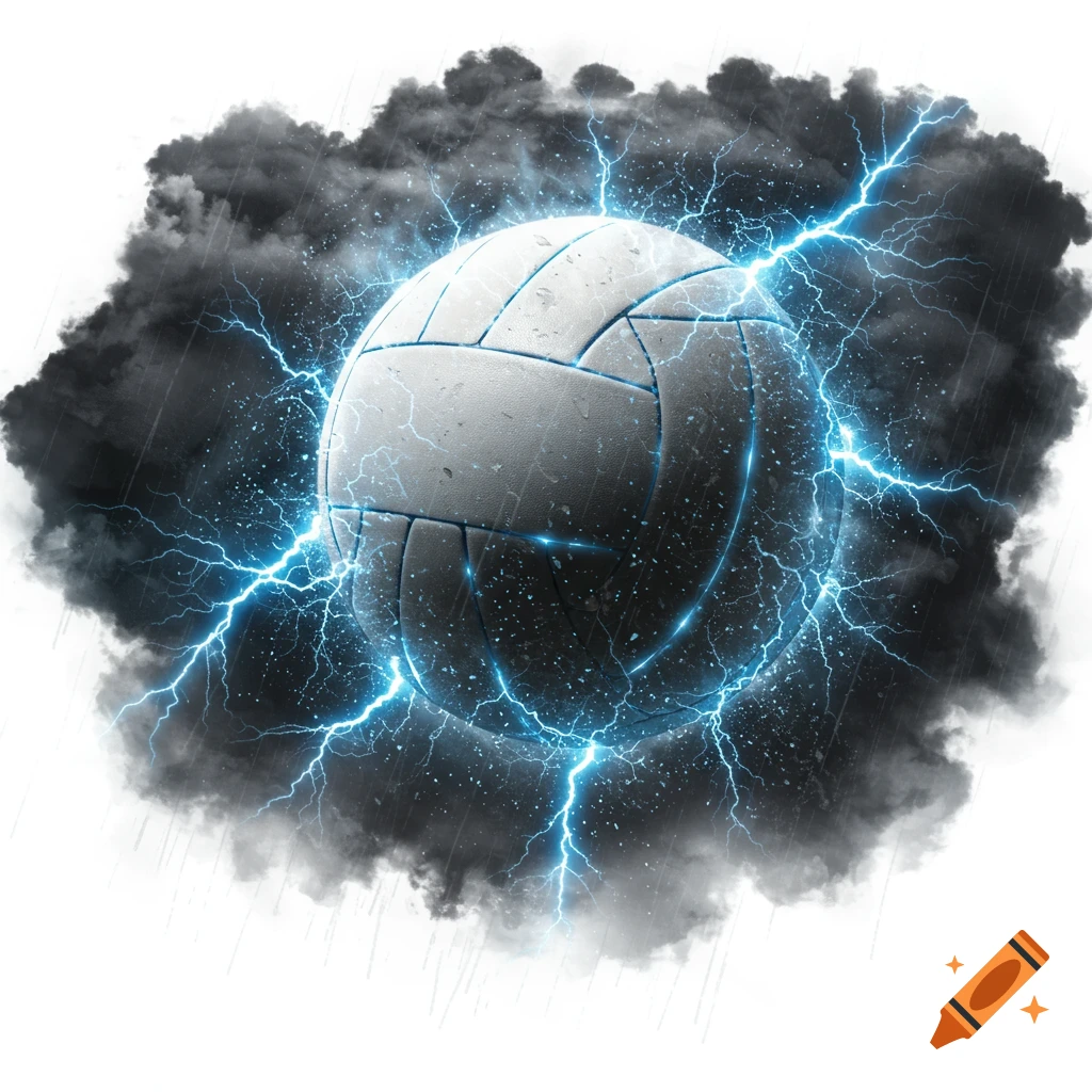 A volleyball surrounded by dark storm clouds and bright blue lightning strikes against a white background.