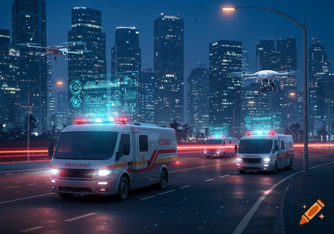 Futuristic ambulances with holographic displays and drones on a city road at night, with tall buildings in the background.