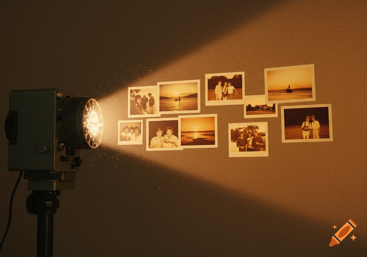 A vintage film projector illuminates a wall adorned with sepia-toned family photographs, creating a warm, nostalgic scene.