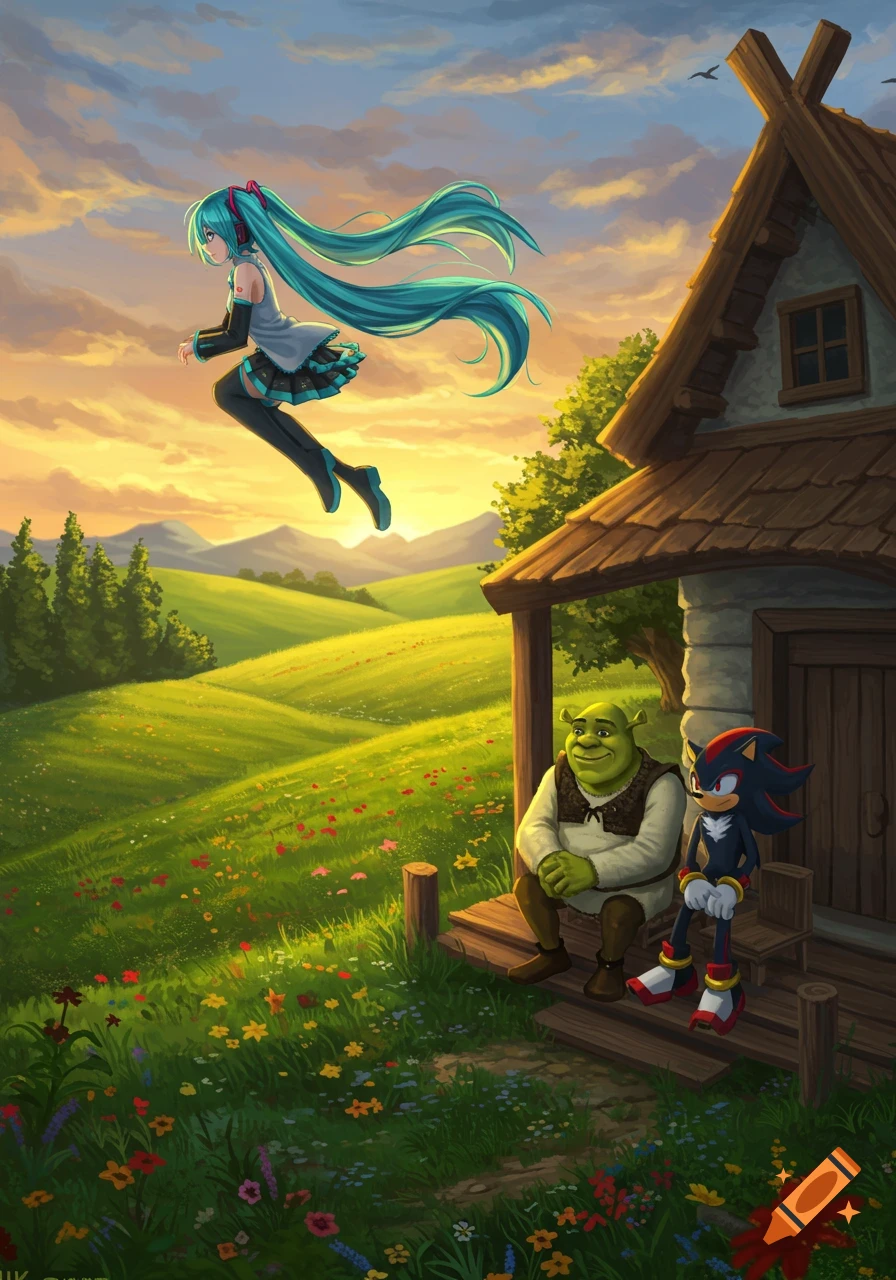 Hatsune Miku flies above a green field at sunset as Shrek and Shadow the Hedgehog sit on a house porch, in an illustrative style.