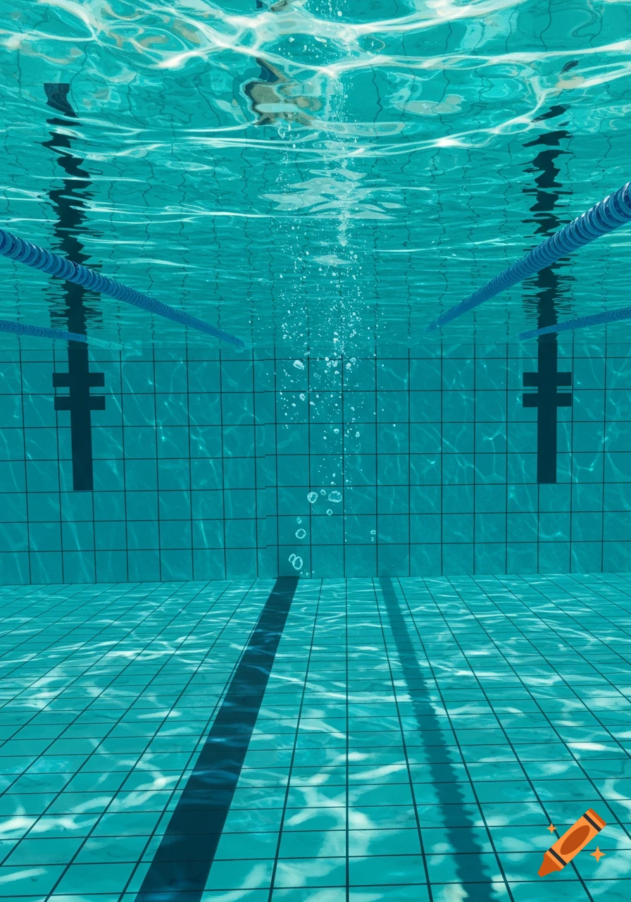 Underwater view of a swimming pool with blue lane ropes, black lane markers, and bubbles rising to the rippling surface.