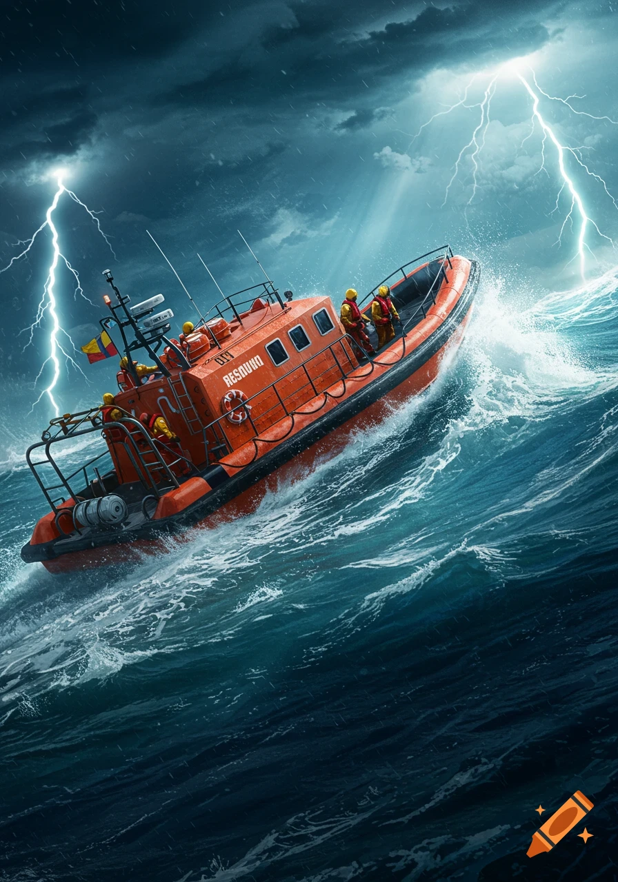 A vibrant orange and black rescue boat with crew members navigates through a stormy sea under a dark, lightning-filled sky in an illustration.