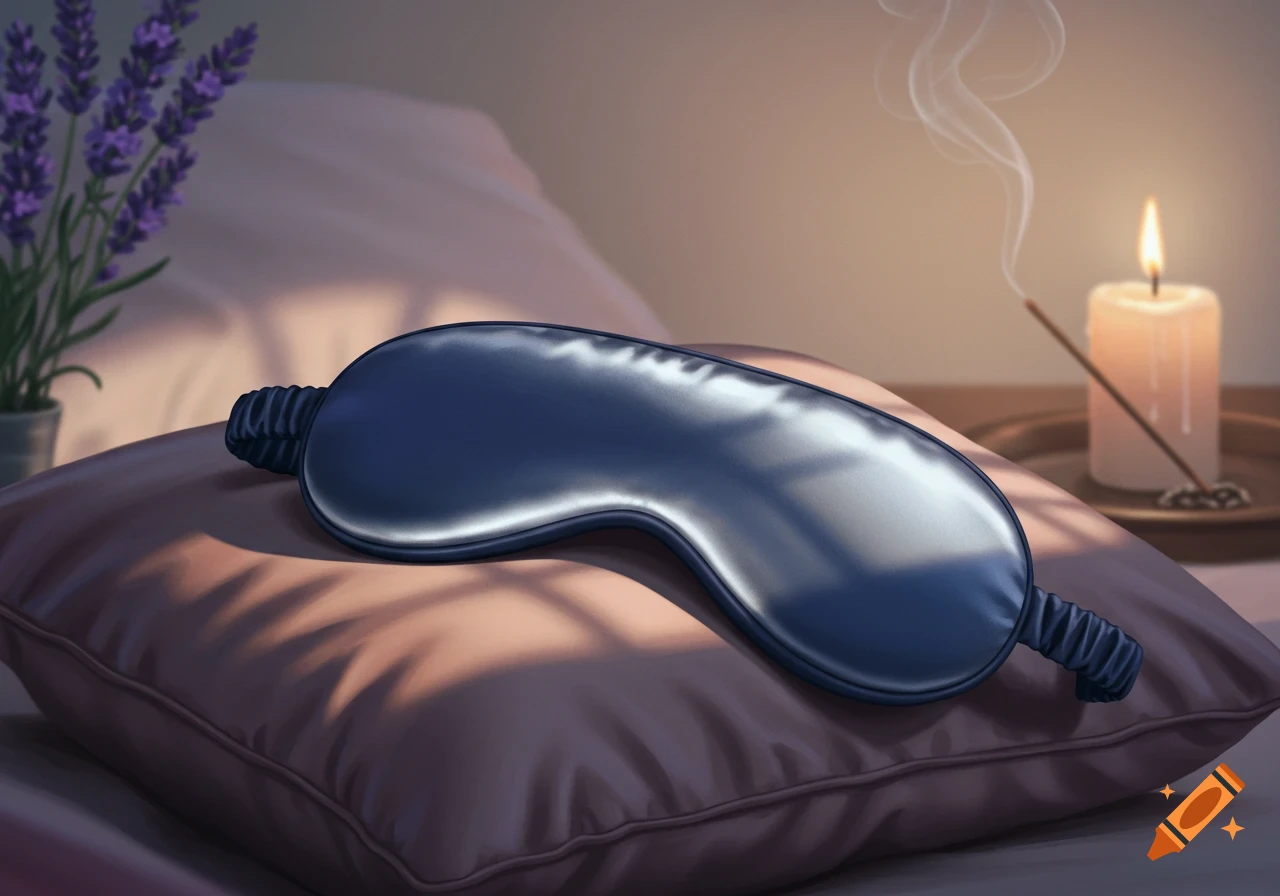A dark blue satin sleep mask rests on a brown pillow next to lavender flowers, a lit candle, and burning incense.