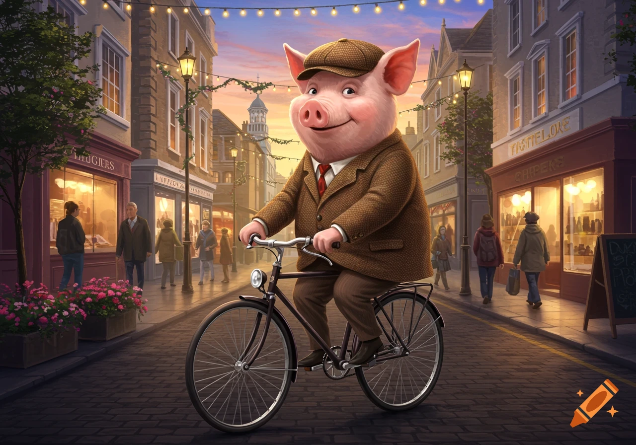 A smiling anthropomorphic pig in a tweed suit and cap rides a bicycle down a charming European-style street lined with shops at dusk.