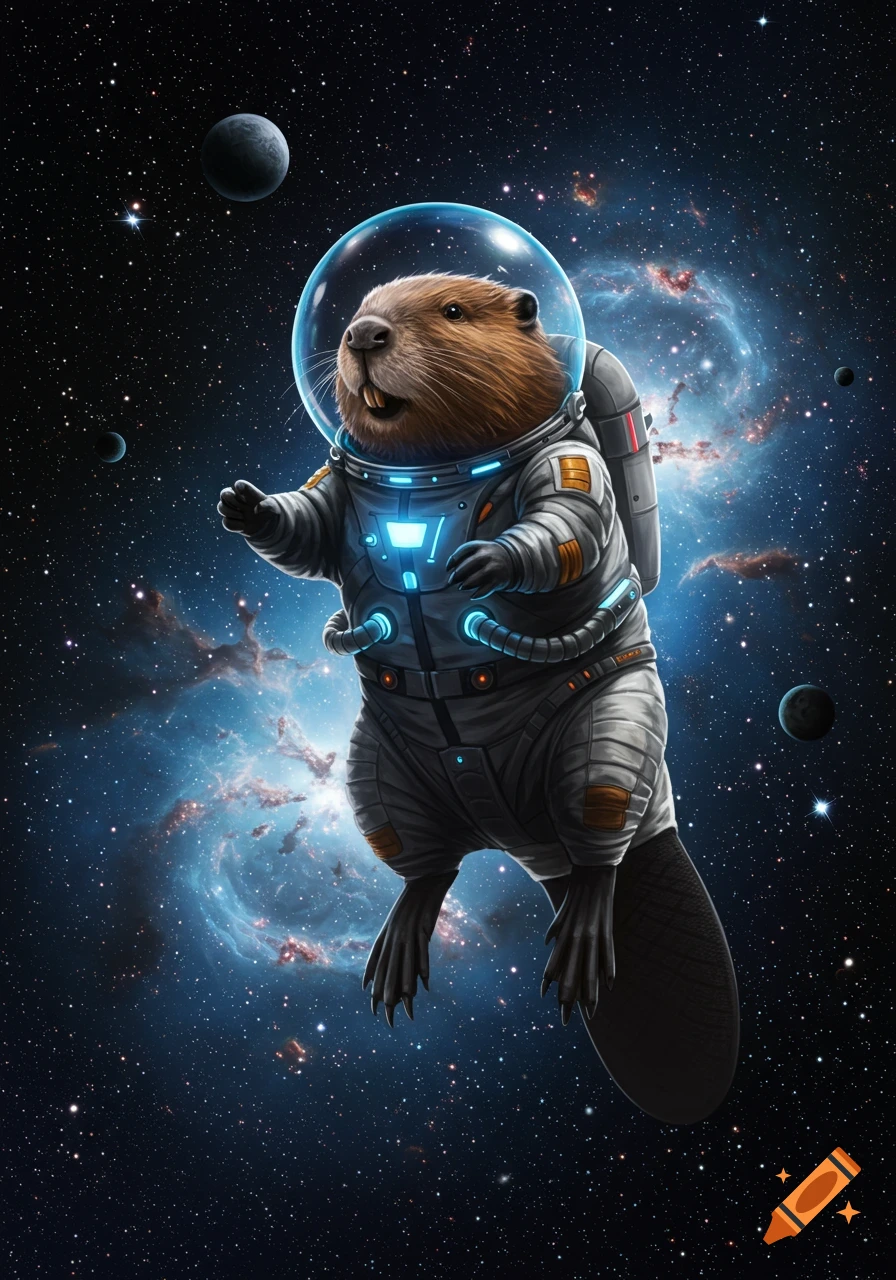 A cute beaver wearing a futuristic space suit floats in deep space ...