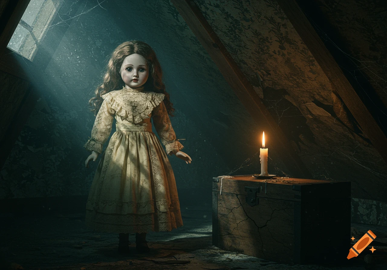 A vintage-style doll with long hair and a frilly dress stands in a dusty, dimly lit attic beside a lit candle on a wooden chest.