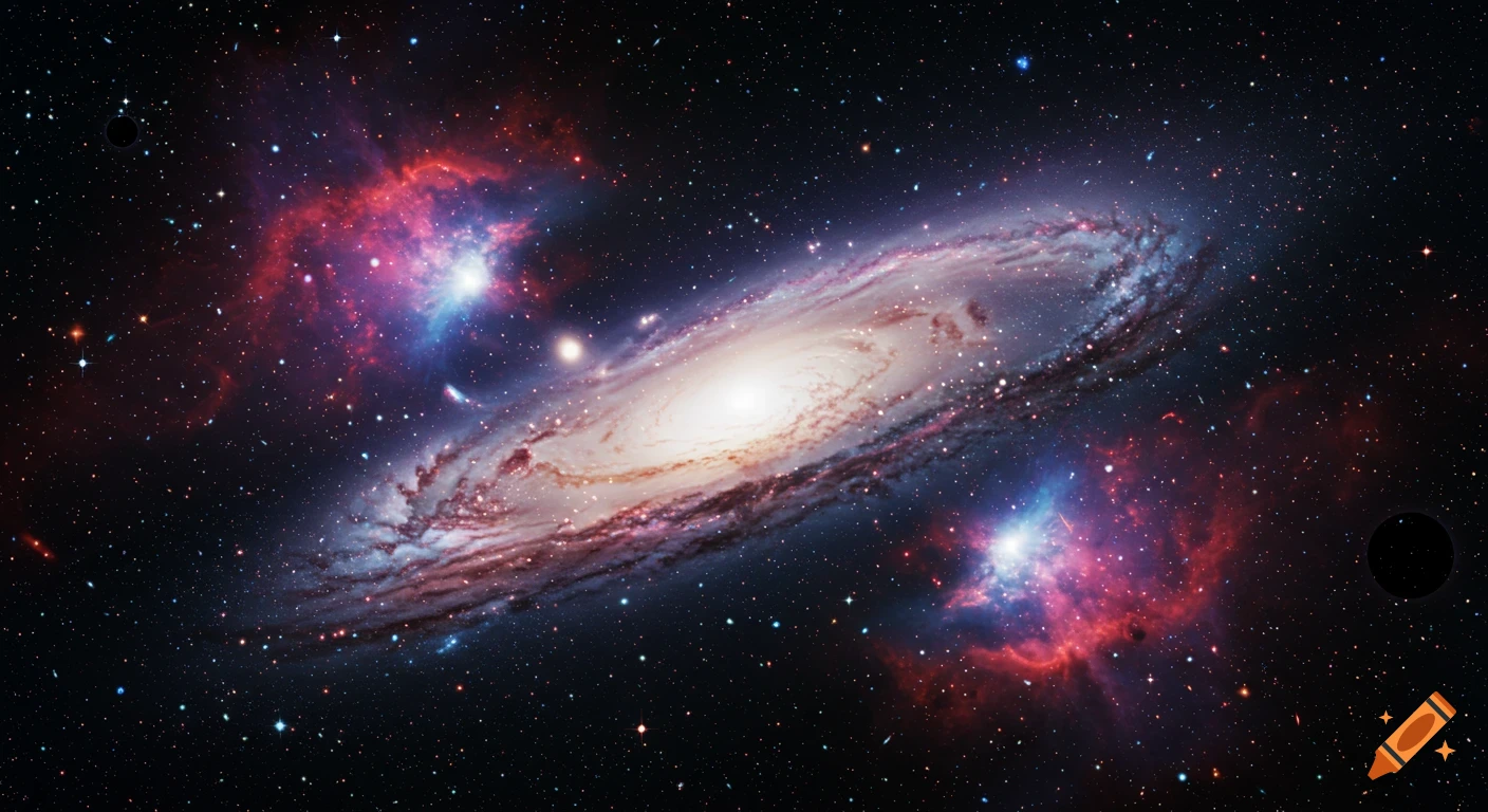 A vibrant spiral galaxy with a bright core, surrounded by stars and red and blue nebulae in deep space.