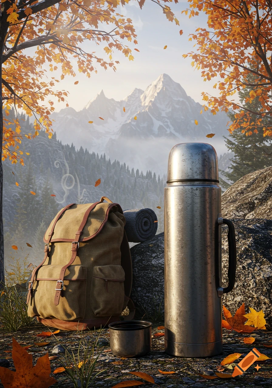 Photorealistic image of a metal thermos and canvas backpack with autumn leaves on the ground, misty mountains in the background.