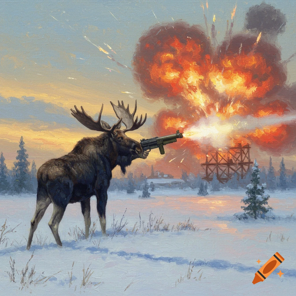 A painting of a moose in a snowy landscape firing a bazooka, causing a large orange explosion in the background.