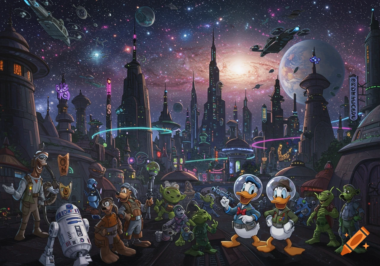Cartoon illustration of Donald Duck, Goofy, and various aliens in a sci-fi city with spaceships under a starry, galactic sky.