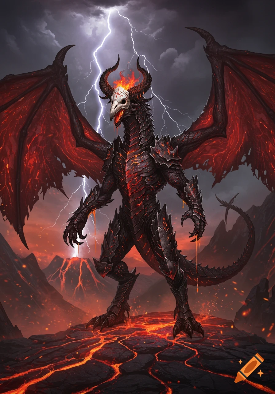 A towering four-winged demon dragon wyvern with obsidian scales and glowing magma veins stands in a volcanic abyss with lightning in the sky. It wears a skull mask with a symbol and has tattered wings and lava dripping from its claws.