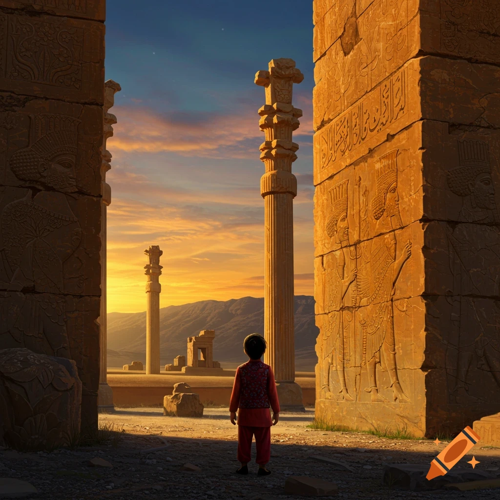 An Iranian boy stands looking at the monumental columns and carved reliefs of ancient Persepolis at sunset.
