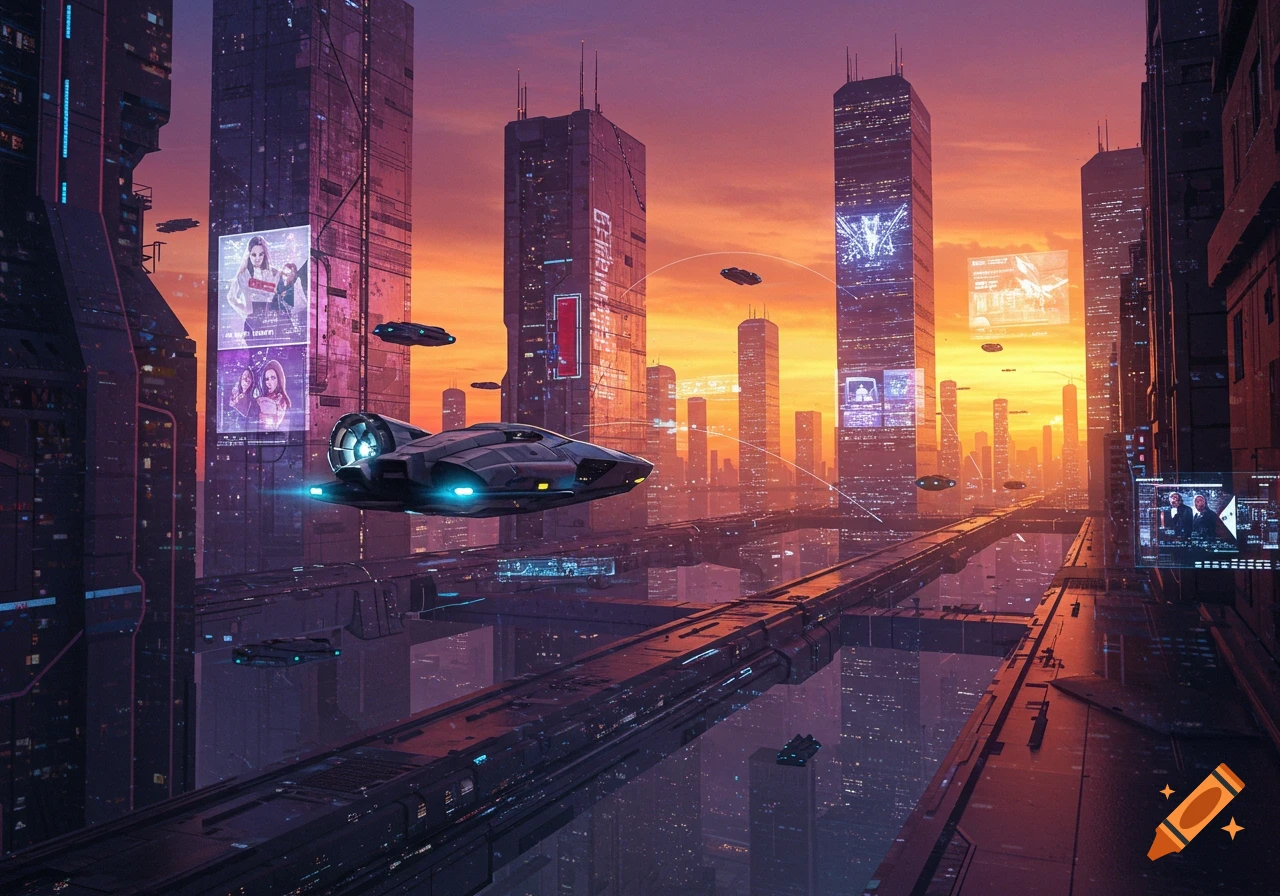 A futuristic city with towering skyscrapers and flying vehicles against ...
