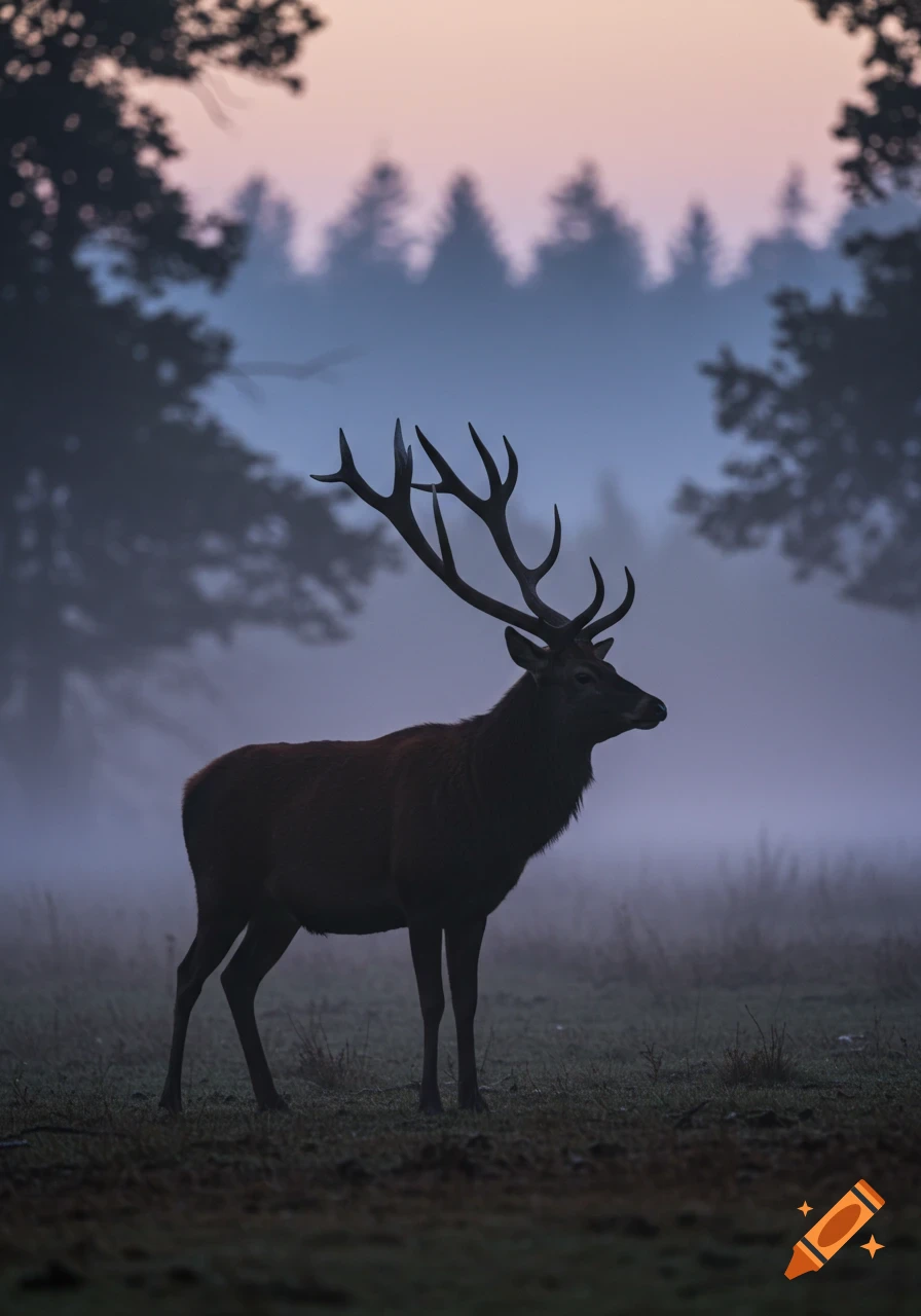 A majestic stag with large antlers stands silhouetted in a foggy forest at dawn, with trees in the misty background.