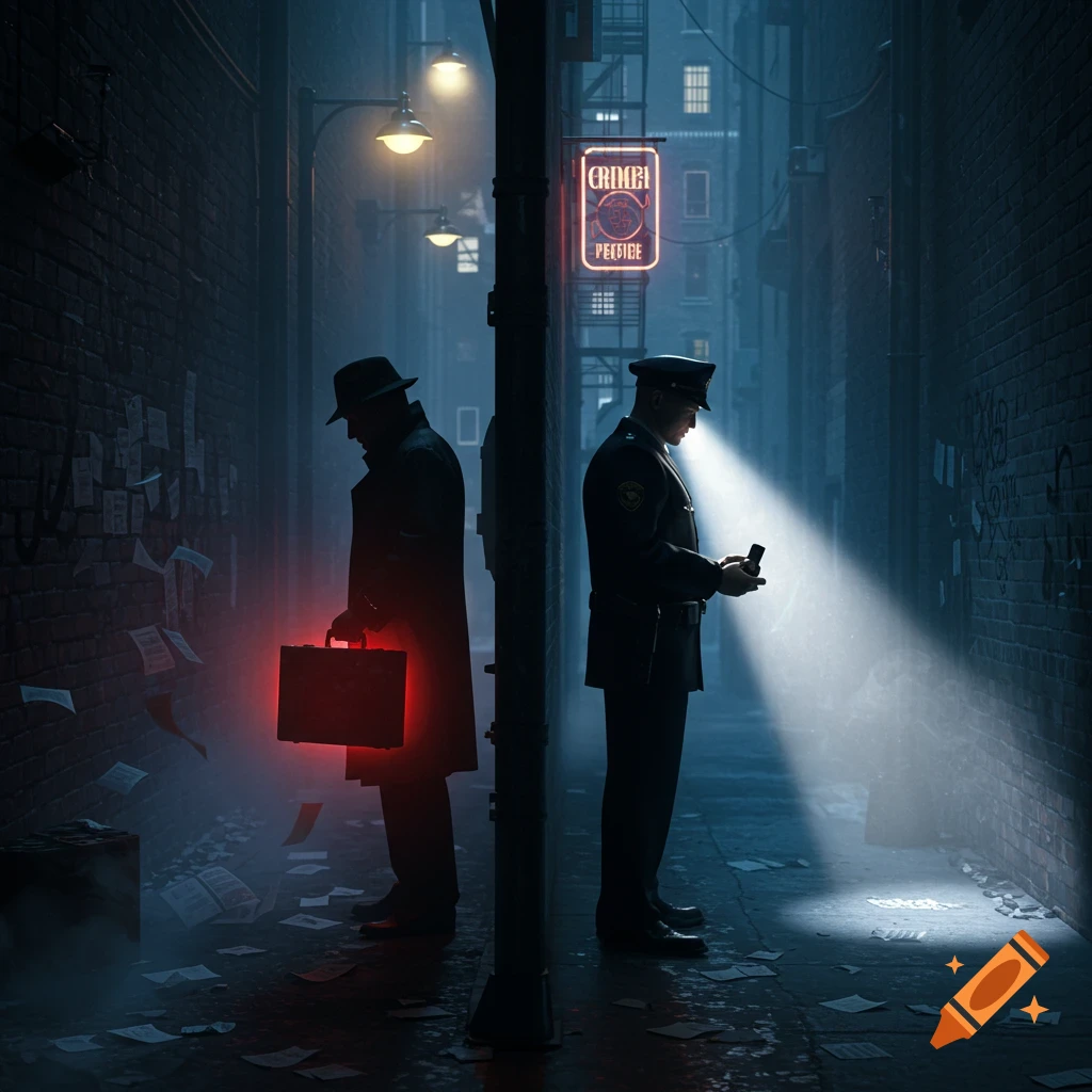 A man in a trench coat with a glowing red briefcase and a police officer looking at a phone stand separated by a pole in a dark, atmospheric city alley with a neon sign.
