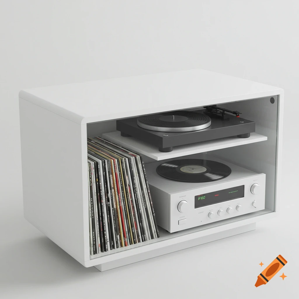 A white minimalist media console with a black turntable, a silver receiver displaying "P 60", and a stack of vinyl records.