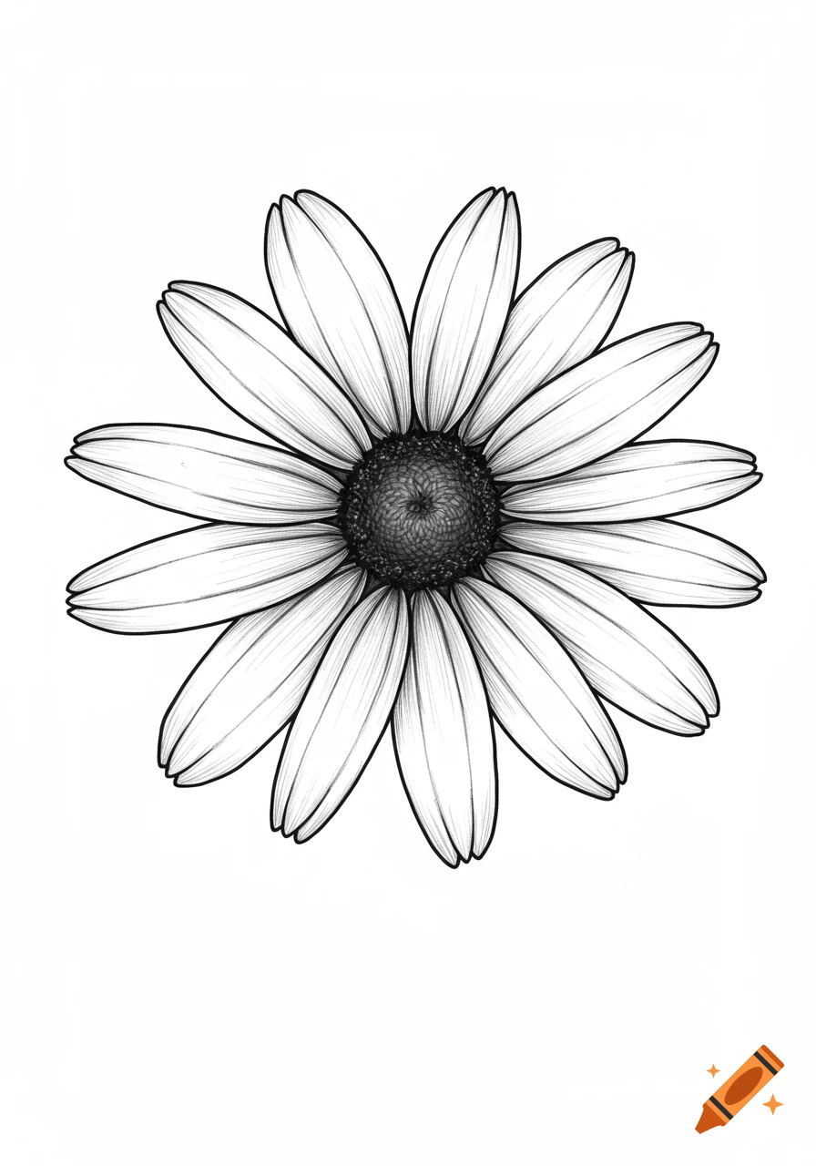 A black and white line art drawing of a Black-eyed Susan flower with a dark, textured center and white petals.