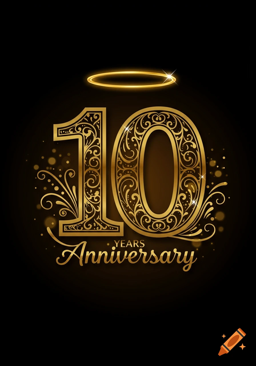 Ornate gold '10 Years Anniversary' design with a halo and sparkles on a dark background.
