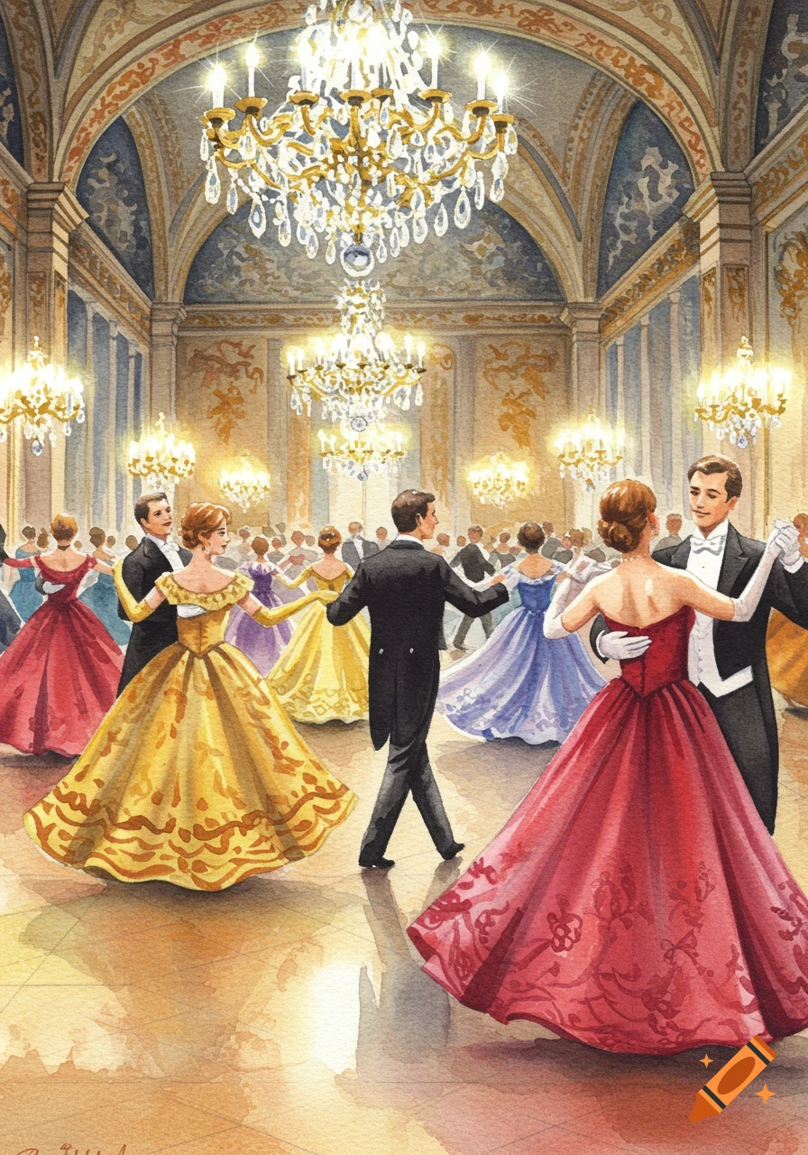 Watercolor painting of elegantly dressed couples dancing in a grand ballroom under sparkling chandeliers.