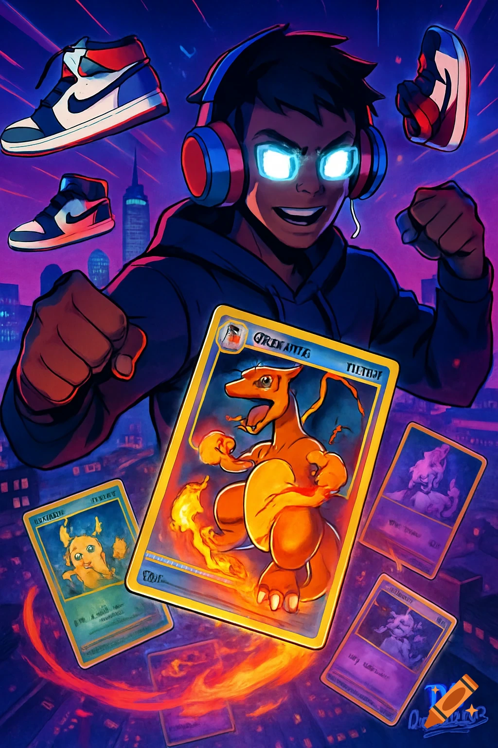 Dynamic anime-style illustration of a gamer with glowing eyes and headphones, surrounded by flying sneakers and holographic Pokémon cards featuring Charizard, Pikachu, and Mewtwo, against a neon city skyline.