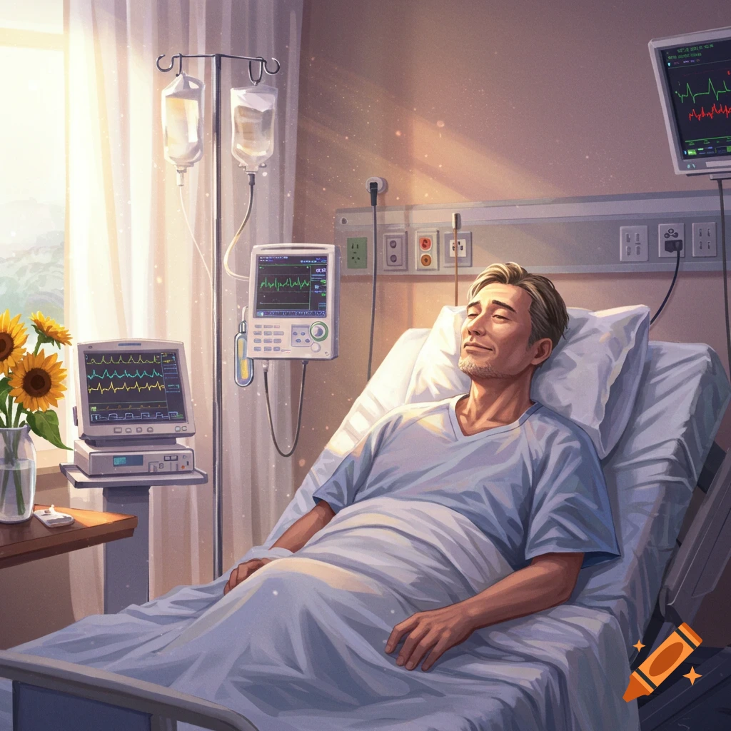 An illustrated man with closed eyes rests in a hospital bed with IV drips and medical monitors nearby, bathed in warm sunlight.