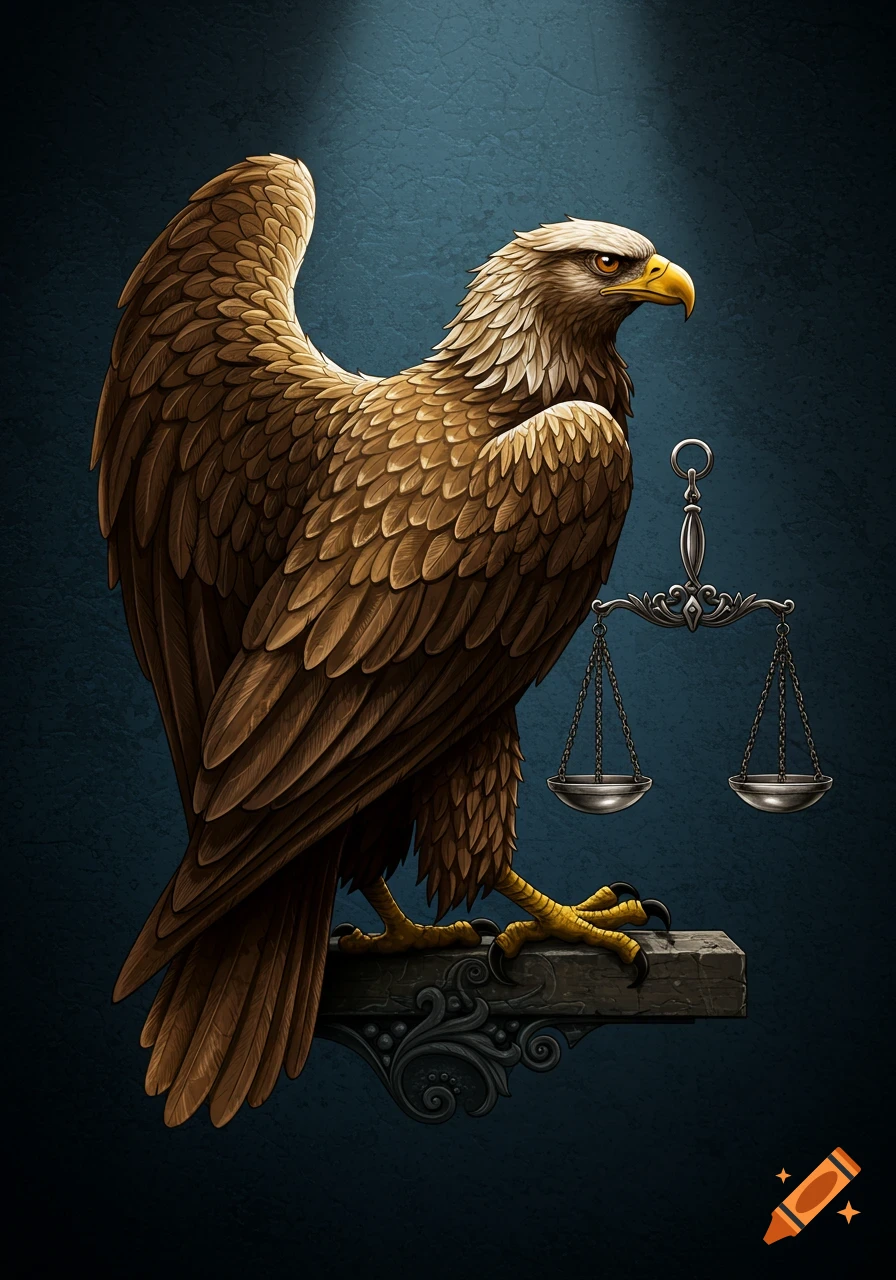 An intricate illustration of a brown eagle with one wing raised, perched on a stone base next to a silver justice scale, against a dark blue background.