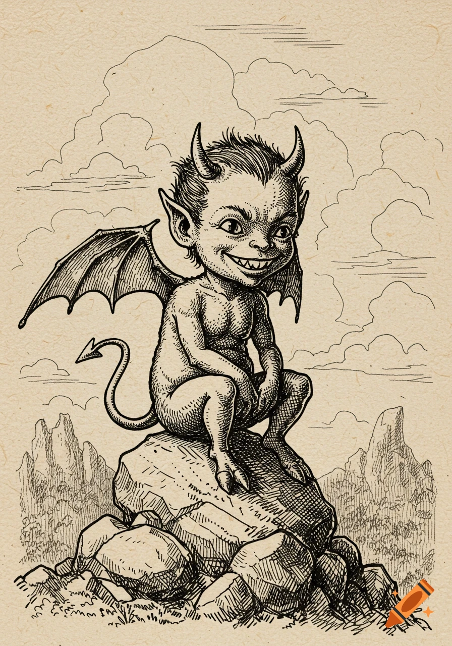 An old ink drawing of a mischievous little devil creature with horns and wings sitting on a rock, with mountains and clouds in the background.