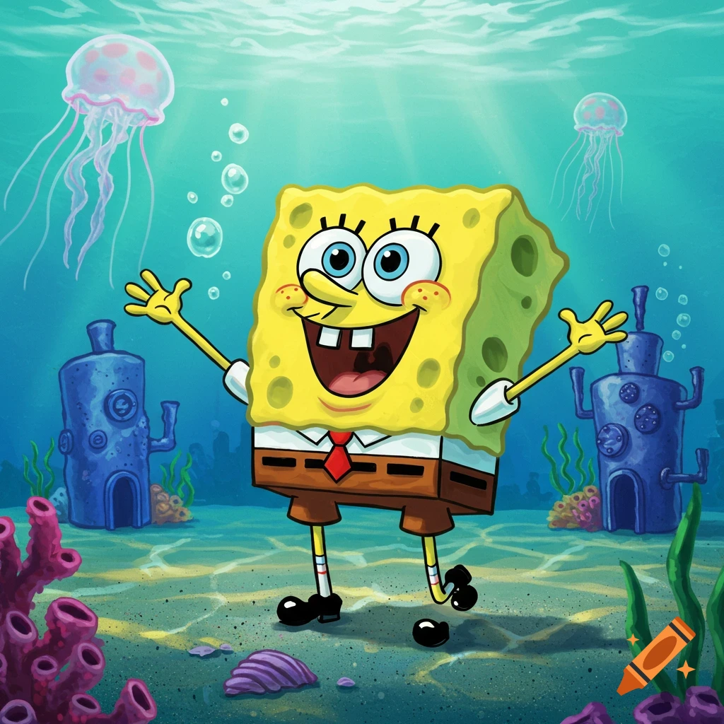 Spongebob Squarepants smiling with arms outstretched underwater with ...