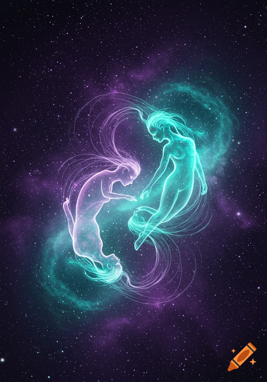 Ethereal glowing pink and teal figures entwined in a starry cosmic nebula, mystical art.