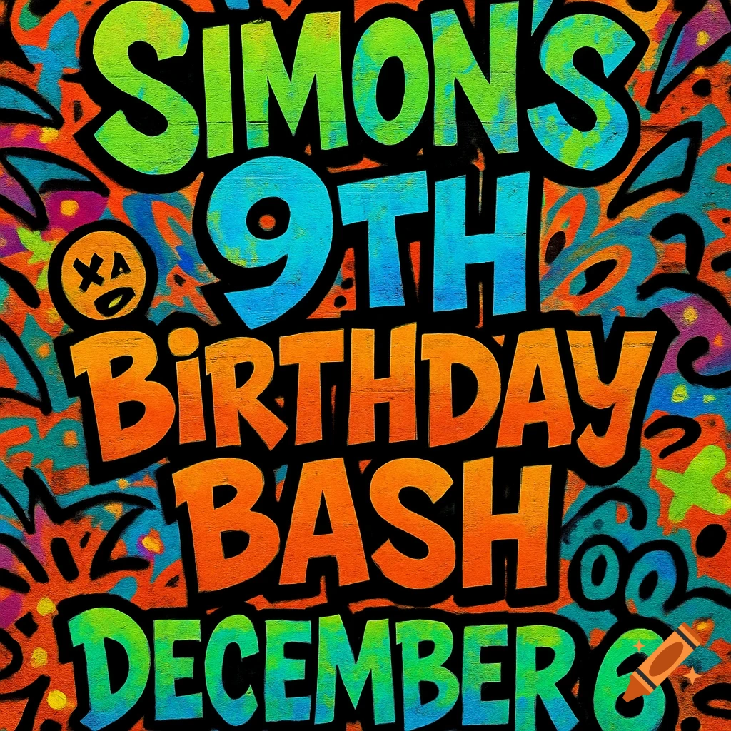 Vibrant street art birthday invitation for Simon's 9th Birthday Bash on December 6, with colorful graffiti lettering.