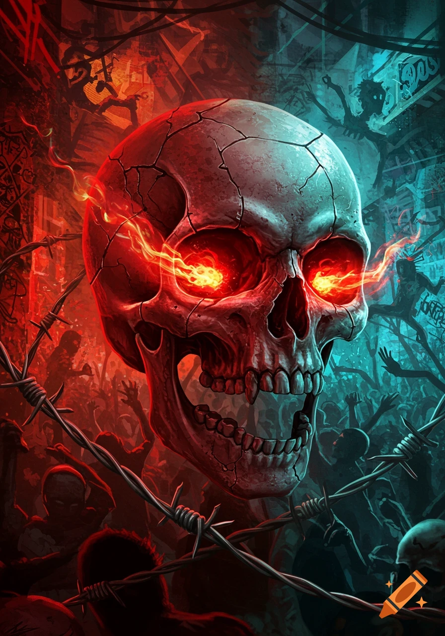A cracked skull with glowing red eyes, surrounded by barbed wire and shadowy figures in a dark, fiery, punk-rock-themed scene.