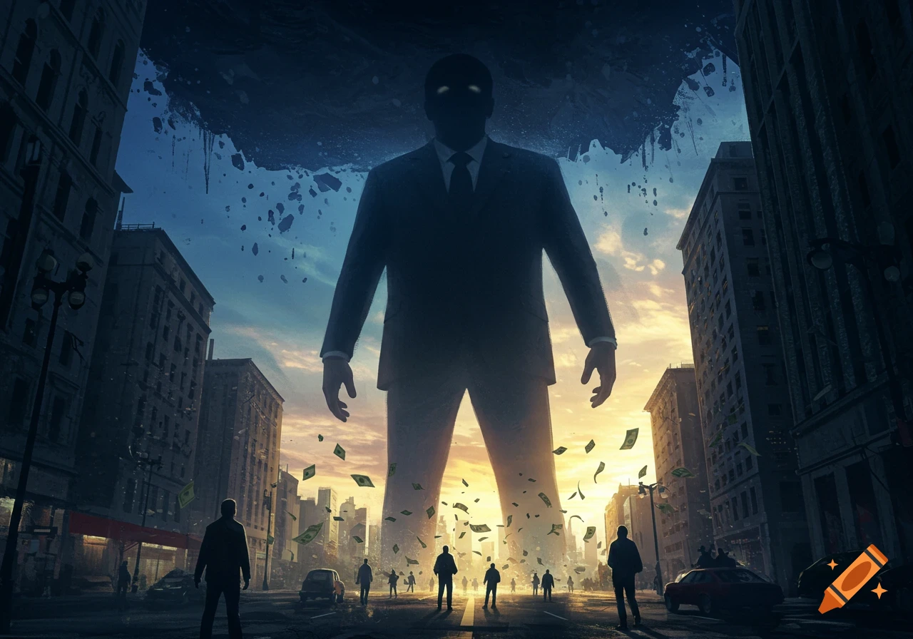 A giant, shadowy businessman looms over a city street at sunset, with money falling around him as people look up.