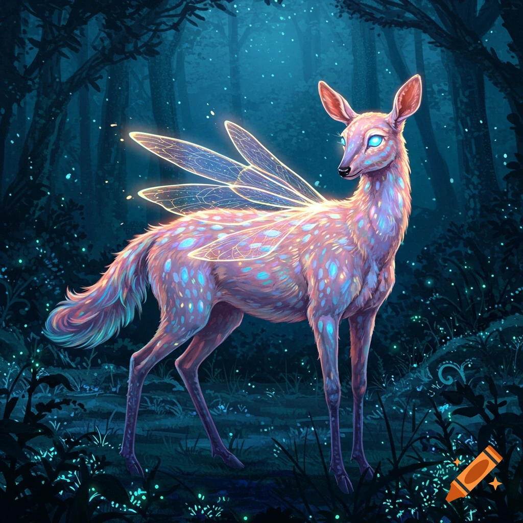 A glowing iridescent fawn with translucent fairy wings and bright blue eyes stands in a dark, magical forest.